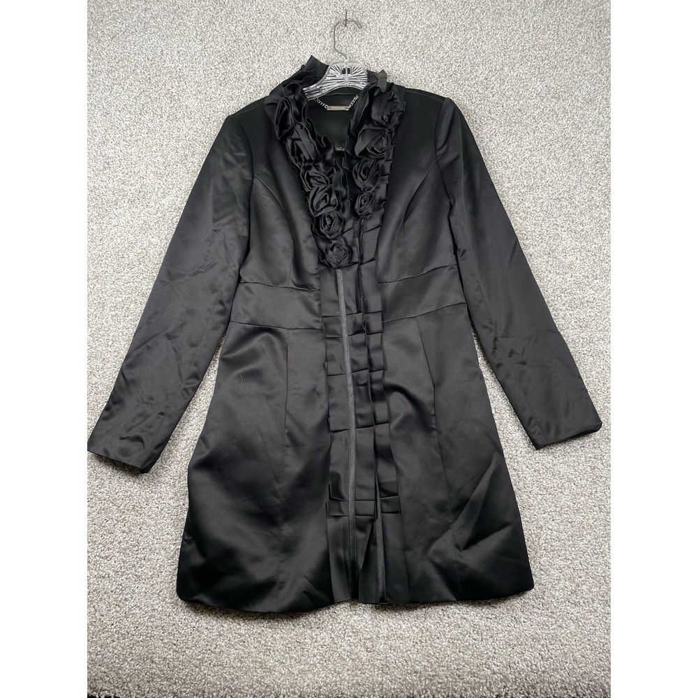 WHBM Women Jacket Ruffle Dressy Black White House Market Satin  Coat Sz 8